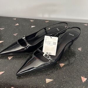Mango Black Patent Pointed Slingback Kitten Heel